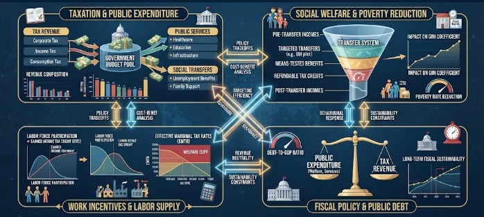 The evidence on Tax-Transfer Reform, Poverty Reduction, and Work Incentives in Public finance, taxation, public expenditure, public debt, social welfare, and fiscal policy.