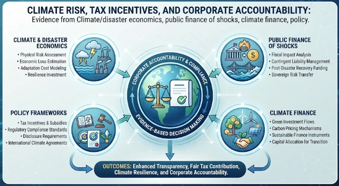 Climate Risk, Tax Incentives, and Corporate Accountability: Evidence from Climate/disaster economics, public finance of shocks, climate finance, policy