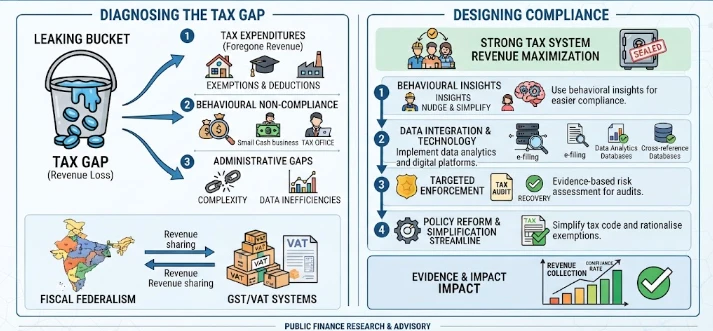 From Tax Gap to Compliance Design: Behavioural and Administrative Evidence on Tax gap, fiscal federalism, GST/VAT, tax expenditure, public finance