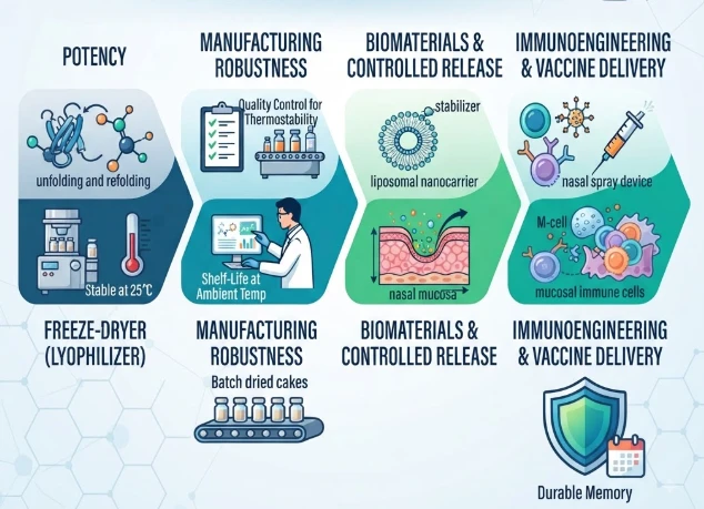 Cold-Chain-Free Translation of Biomaterials, controlled release, immunoengineering and vaccine delivery: Integrating Formulation, Mucosal Delivery, and Immune Memory