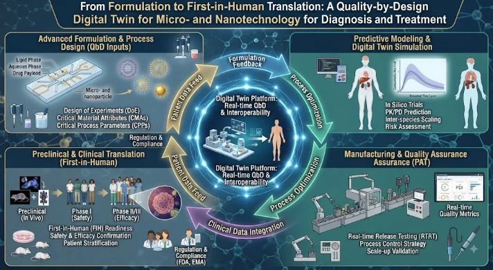 From Formulation to First-in-Human Translation: A Quality-by-Design Digital Twin for Micro- and Nanotechnology for Diagnosis and Treatment