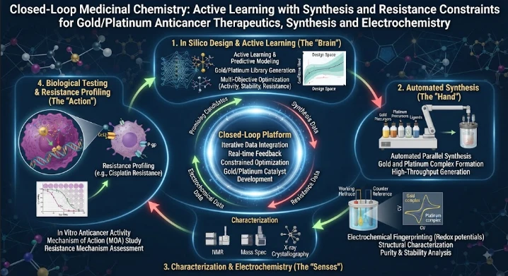 Closed-Loop Medicinal Chemistry: Active Learning with Synthesis and Resistance Constraints for Gold/Platinum Anticancer Therapeutics, Synthesis and Electrochemistry