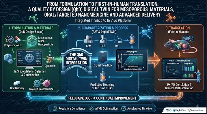 From Formulation to First-in-Human Translation: A Quality by Design (QbD) Digital Twin for Mesoporous Materials, Oral/Targeted Nanomedicine and Advanced Delivery