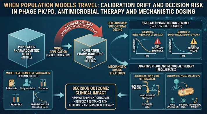 When Population Models Travel: Calibration Drift and Decision Risk in Phage PK/PD, antimicrobial therapy and mechanistic dosing