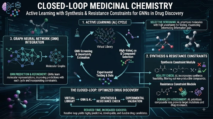 Closed-Loop Medicinal Chemistry: Active Learning with Synthesis and Resistance Constraints for Graph Neural Networks for Drug Discovery