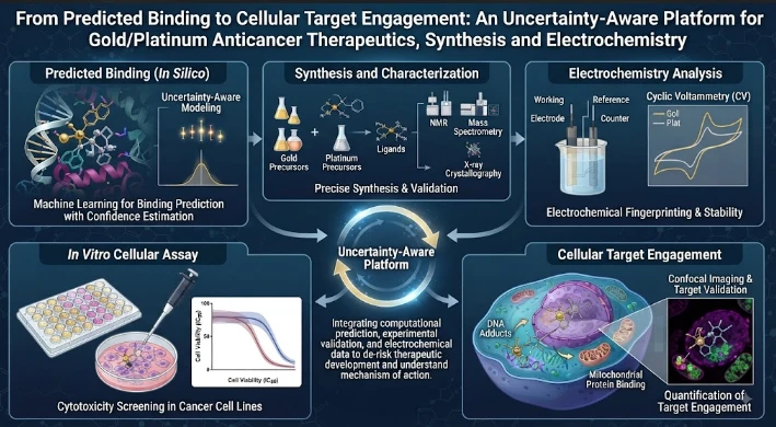 From Predicted Binding to Cellular Target Engagement: An Uncertainty-Aware Platform for Gold/Platinum Anticancer Therapeutics, Synthesis and Electrochemistry